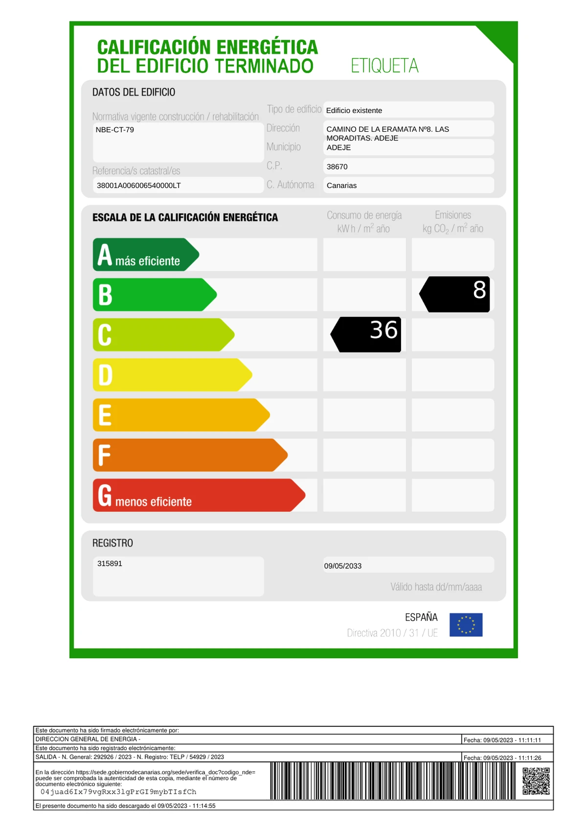 Energy Efficiency Certificate Villa Monaco Adeje Tenerife