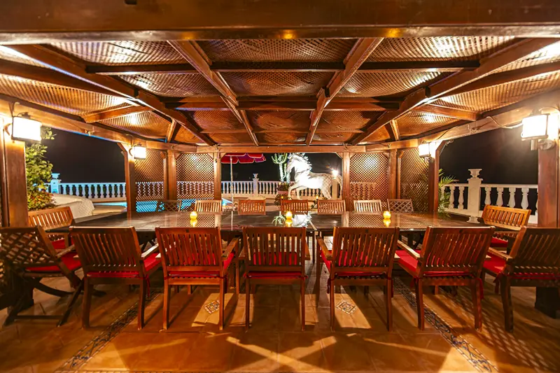 Covered pergola dining terrace at a luxury villa in Adeje Tenerife