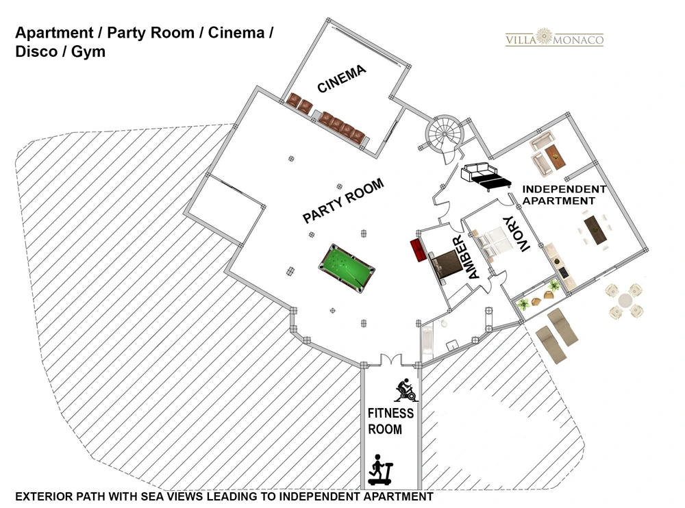 Apartment level floor plan of Villa Monaco Tenerife showing Amber and Ivory bedrooms, party room, cinema and gym Apartment level floor plan of Villa Monaco Tenerife showing Amber and Ivory bedrooms, party room, cinema and gym