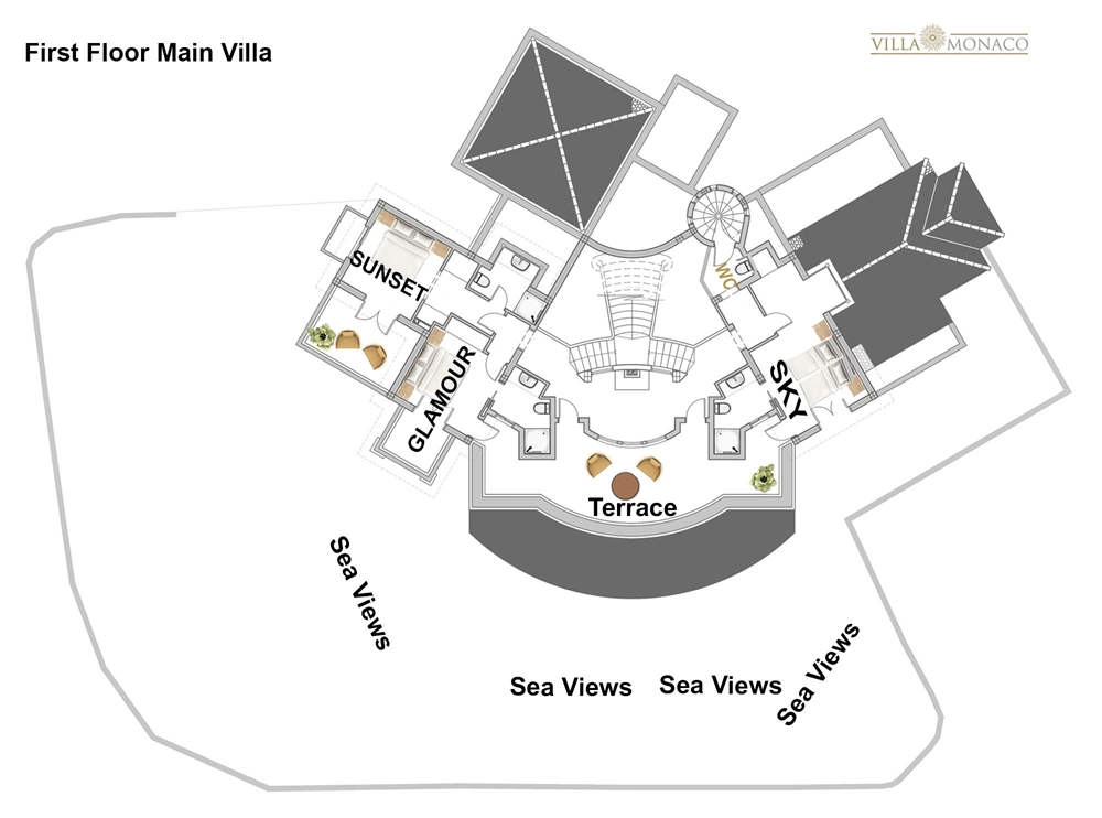 First floor plan showing the Sky, Glamour and Sunset bedrooms with terrace access and guest WC. First floor plan showing the Sky, Glamour and Sunset bedrooms with terrace access and guest WC.