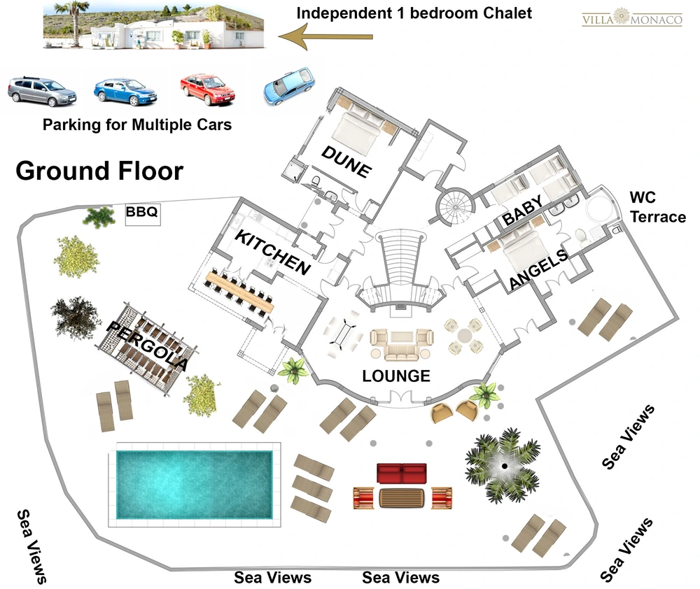 Ground floor plan showing the heated pool terrace, lounge, kitchen and bedrooms: Angels, Dune and Baby. Ground floor plan showing the heated pool terrace, lounge, kitchen and bedrooms: Angels, Dune and Baby.