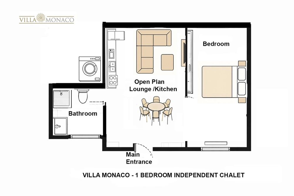 Floor plan of independent one bedroom chalet at Villa Monaco Tenerife with open plan lounge, kitchen, bedroom and bathroom Floor plan of independent one bedroom chalet at Villa Monaco Tenerife with open plan lounge, kitchen, bedroom and bathroom