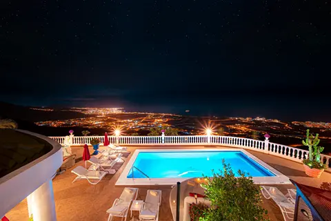 Night pool view from Glamour balcony at Villa Monaco Adeje Tenerife